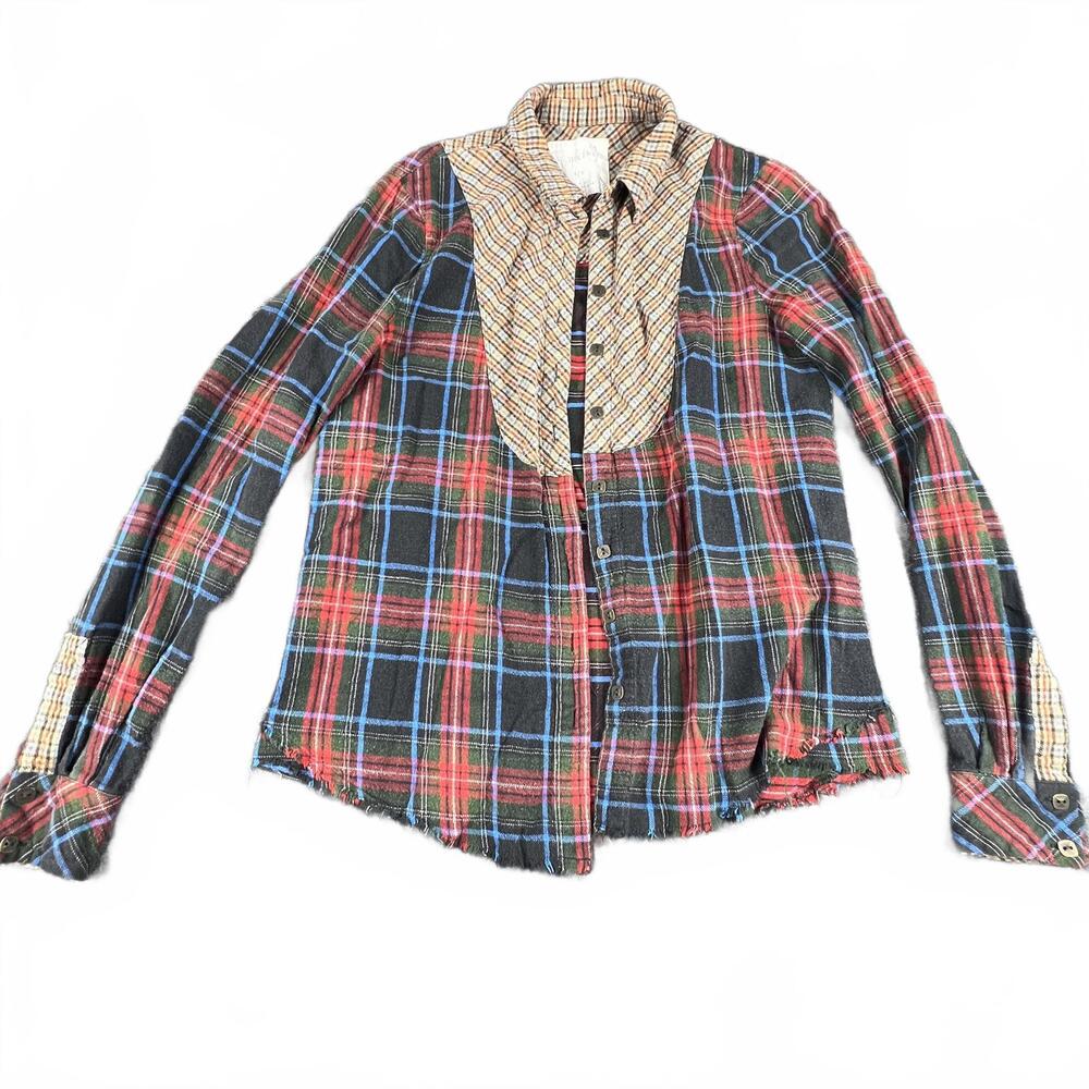Free People Plaid Button Down Top | Patchwork | Raw Hem | S/P